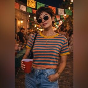 Y2K Retro Striped Ringer Tee Gaze Baby Tee Peach Teal Mustard Trim 90s Style Top